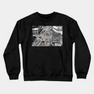 Black and white photograph of a busy Manhattan intersection in the Meatpacking District, with highlighted yellow cabs Crewneck Sweatshirt